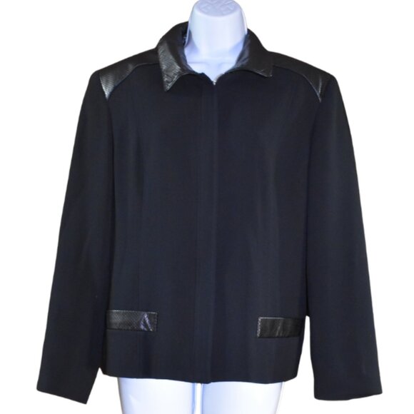 Women’s Black Blazer Jacket Size Large Faux Leather Trim Full Zip Chic Office - Picture 1 of 15
